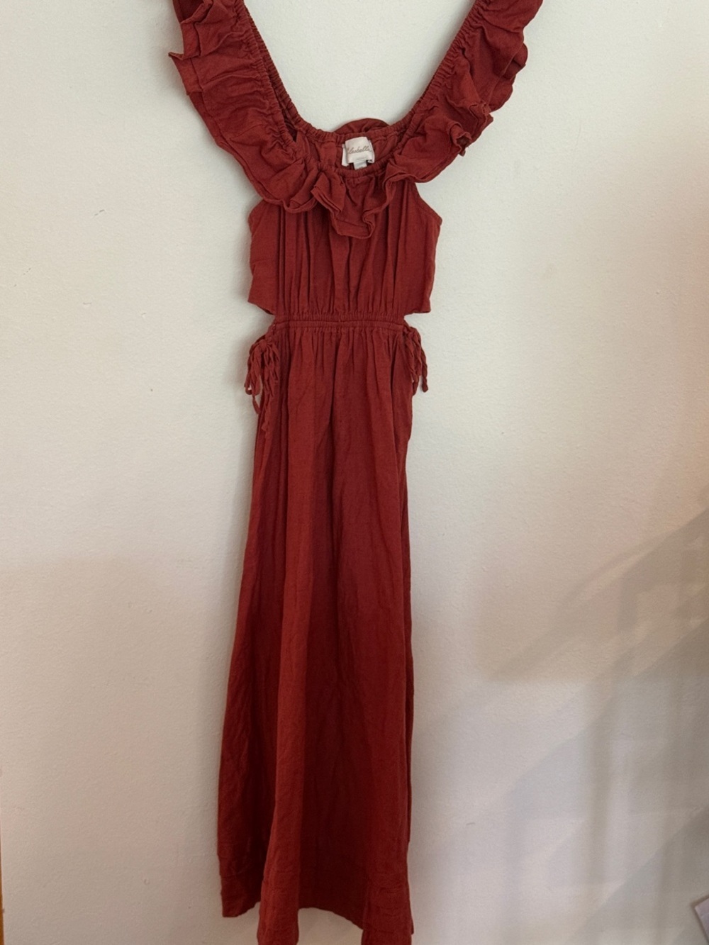 Cleobella XS Rust Maxi Dress with Ruffle open sides on/off shoulder 48” length